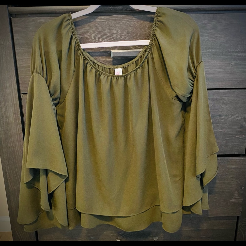 Olive off the shoulder top with bell sleeves